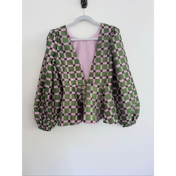 Stine Goya Gara Metallic Check Balloon Sleeve Peplum Top Green Women's Small - Picture 7 of 10